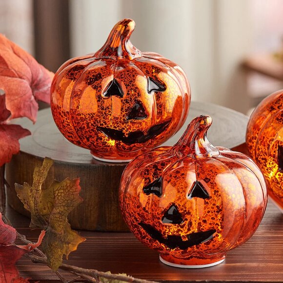 Valerie Parr Hill set of 2 Illuminated Murcery Glass Jack O Lanterns Pumpkins - Picture 1 of 11
